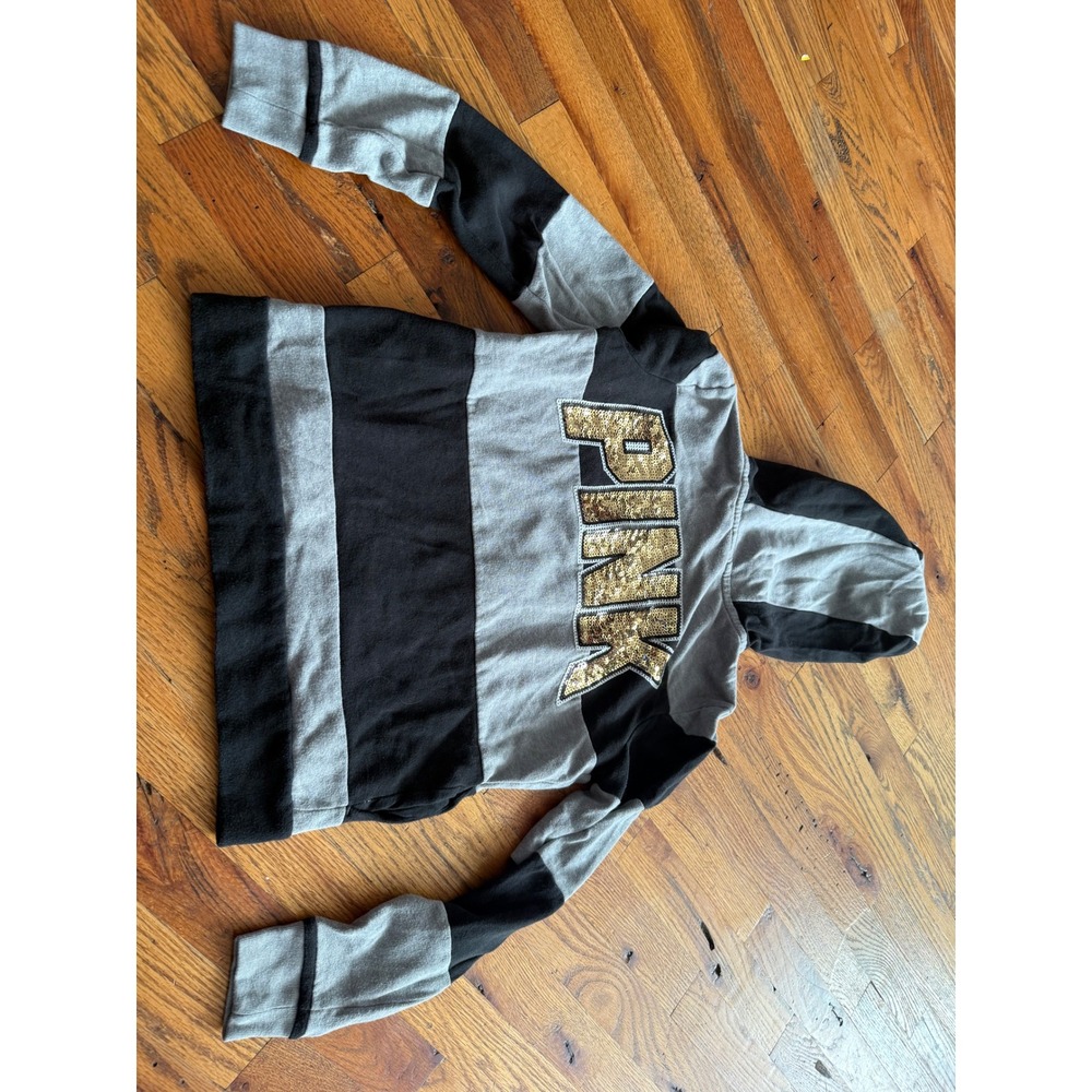 PINK Victoria's Secret Sequin Hoodie Gray Black Striped Full Zip Size XS